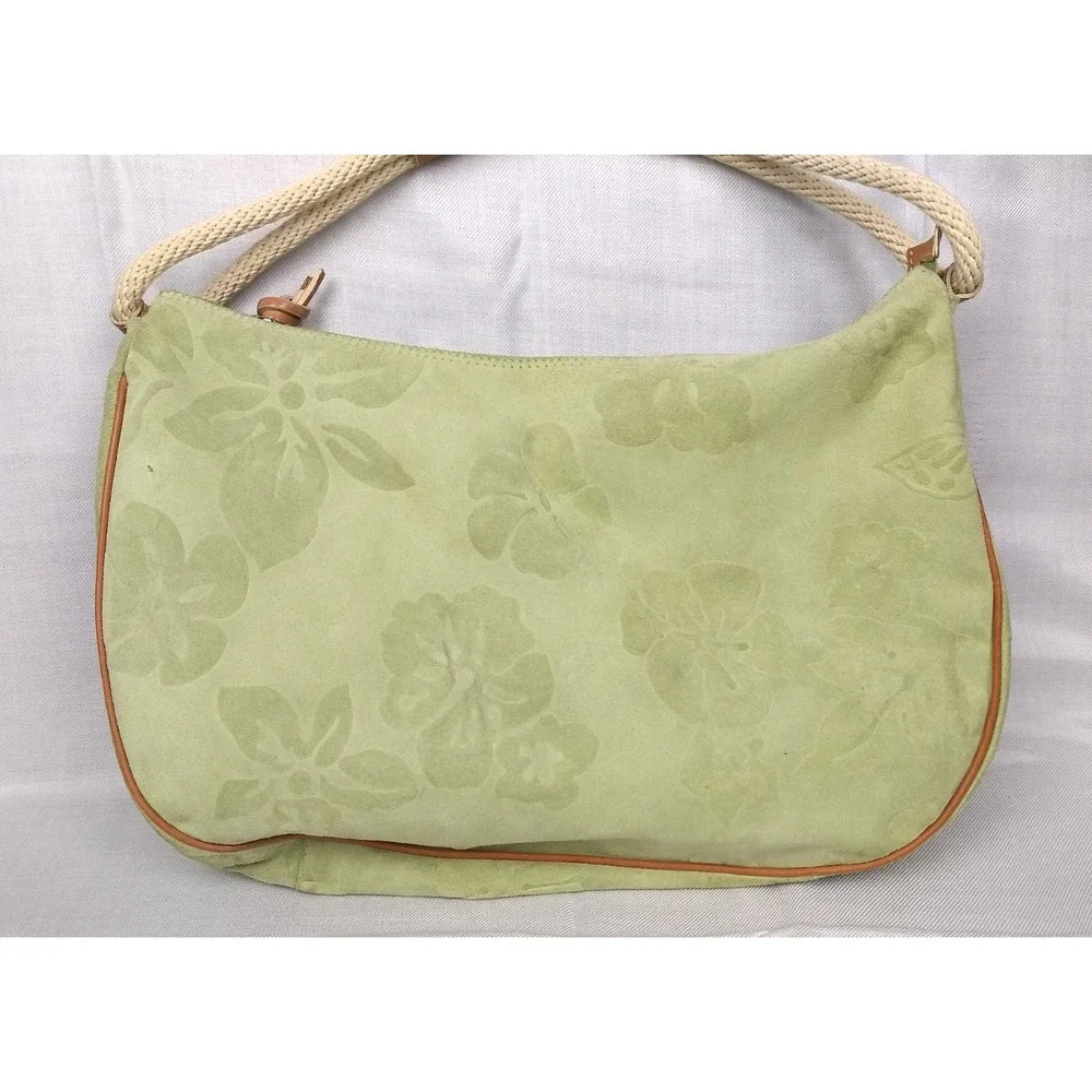 Claudia Firenze Italian Suede Leather Hobo Bag Pale Green Tan Trim Floral Zipper